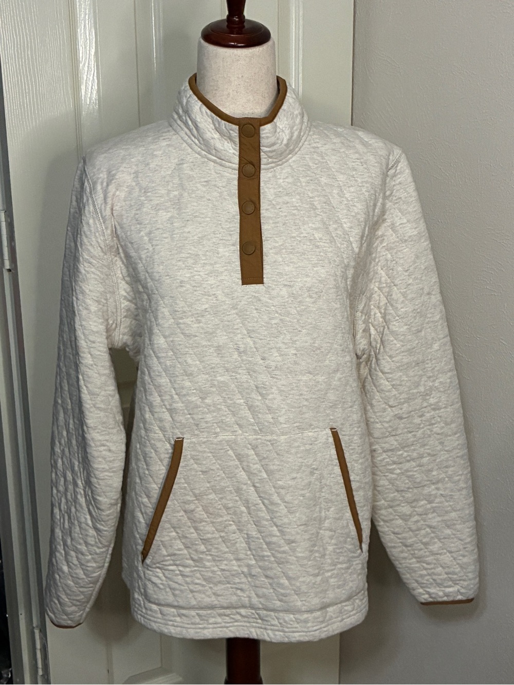 Orvis Women’s XL Quilted Pullover Sweatshirt Oatmeal Heather Snap Neck Cotton